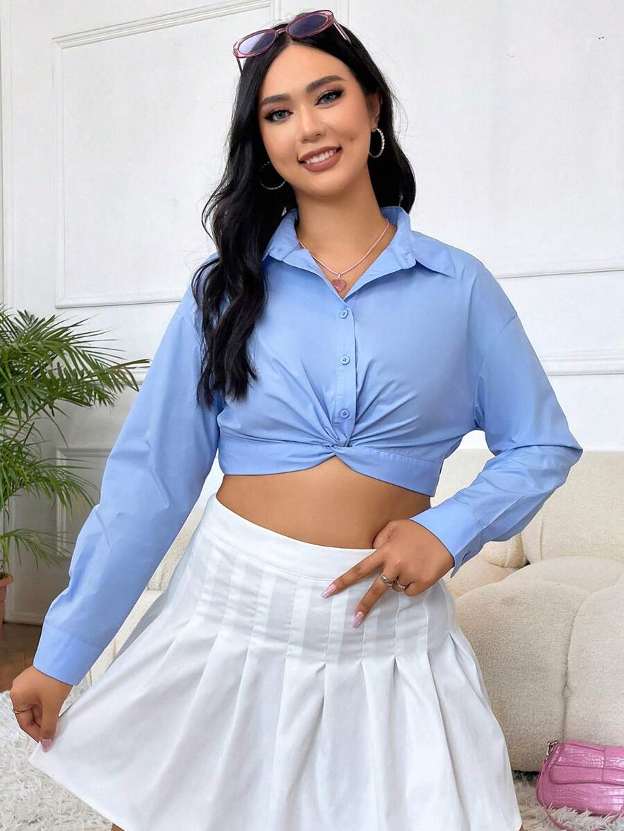 SHEIN EZwear Plus Twist Front Crop Shirt - Blue - View 1