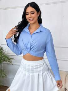 SHEIN EZwear Plus Twist Front Crop Shirt - Blue - View 3