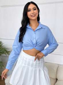 SHEIN EZwear Plus Twist Front Crop Shirt - Blue - View 5