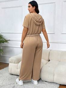 SHEIN EZwear Hơn Dây kéo Dây rút Hoodie & Quần ống rộng - Màu Khaki - Xem 2