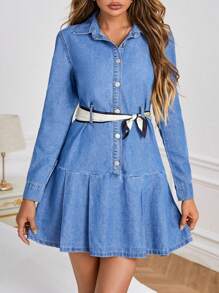 SHEIN Frenchy Button Front Ruffle Hem Denim Dress Without Belt