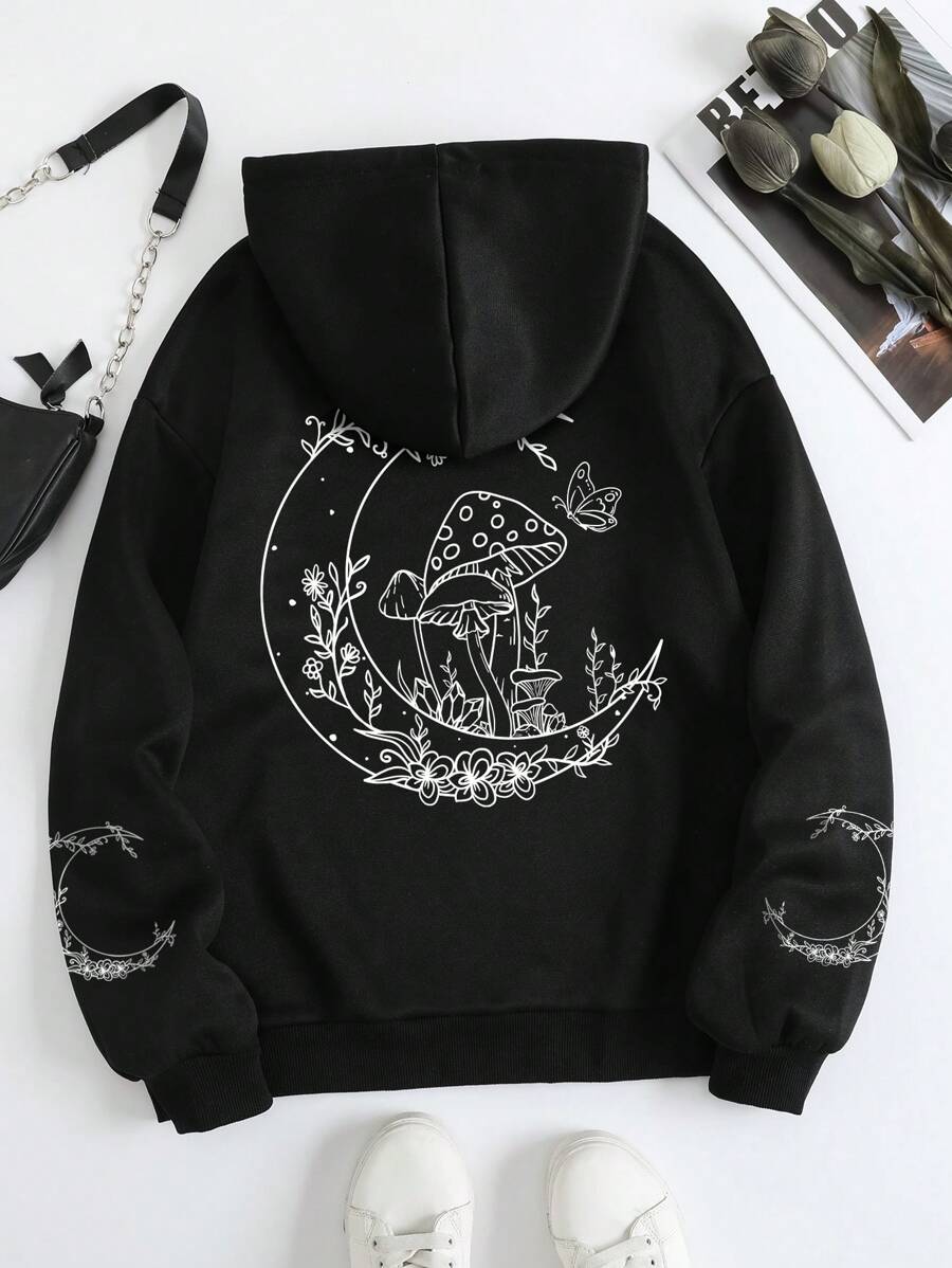 INAWLY Mushroom Print Drawstring Thermal Lined Hoodie,Long Sleeve Tops Graduation,Back To School Outfits,Graduation,Teacher Outfits For Women,Back To School Pullover Fall Outfit - Black - View 1