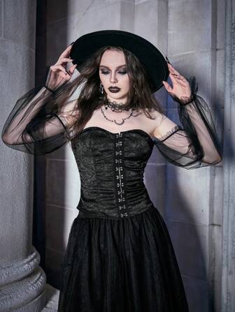 Off Shoulder Hook And Eye Contrast Mesh Crop Top Gothic