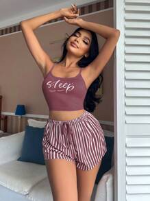 Letter Graphic Cami Top & Striped Shorts PJ Set / Pajama Set Holiday Season - Purple - View 3