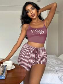 Letter Graphic Cami Top & Striped Shorts PJ Set / Pajama Set Holiday Season - Purple - View 4