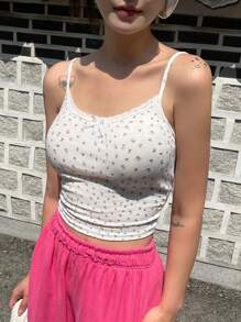 DAZY 碎花吊带背心，波西米亚风露脐女式上衣，度假邮轮 - 白色 - 查看 9