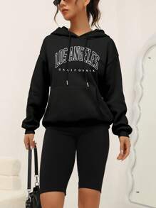 SHEIN EZwear Letter Graphic Kangaroo Pocket Drop Shoulder Drawstring Hoodie - Black - View 4