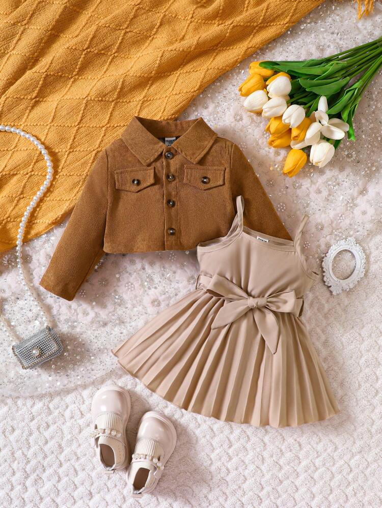 Baby Girl Flap Detail Jacket & Pleated Hem Cami Dress