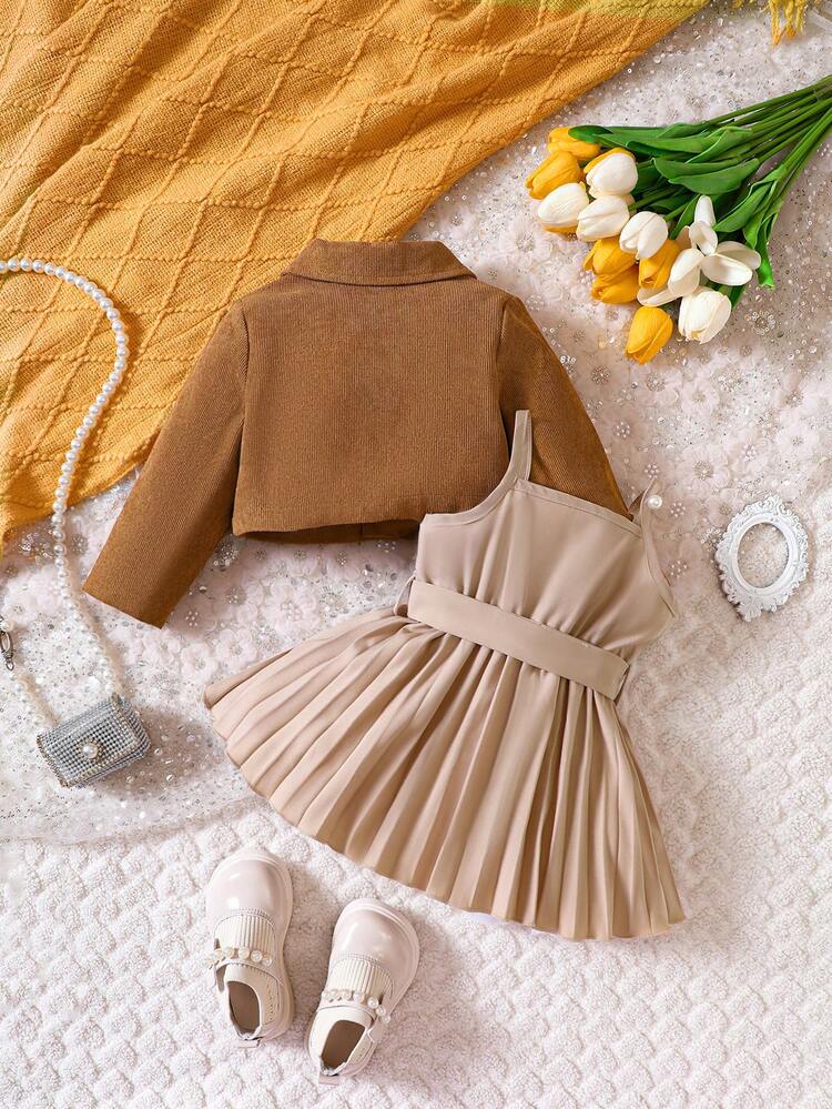 Baby Girl Flap Detail Jacket & Pleated Hem Cami Dress