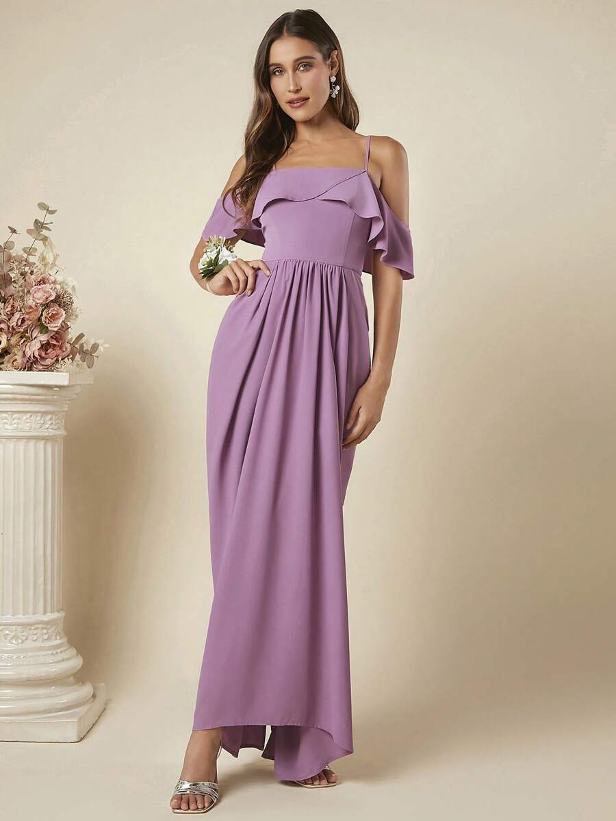 SHEIN Belle Cold Shoulder Ruffle Trim Maxi Bridesmaid Dress - Purple - View 1
