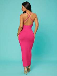 SHEIN SXY Vestido ajustado unicolor con tira cruzada de espalda abierta - Rosa Fucsia - Ver 3