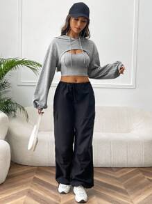 SHEIN EZwear Drop Shoulder Super Crop Drawstring Hoodie & Cami Top In Fall/Winter