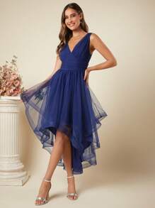 SHEIN Belle 低胸高低下摆网眼连衣裙半正式礼服优雅舞会婚礼宾客礼服，适合生日、毕业典礼、返校节派对礼服 - 藏蓝色 - 查看 2