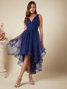 SHEIN Belle 低胸高低下摆网眼连衣裙半正式礼服优雅舞会婚礼宾客礼服，适合生日、毕业典礼、返校节派对礼服 - 藏蓝色 - 查看 4