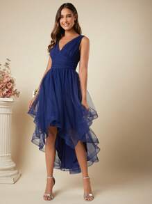 SHEIN Belle 低胸高低下摆网眼连衣裙半正式礼服优雅舞会婚礼宾客礼服，适合生日、毕业典礼、返校节派对礼服 - 藏蓝色 - 查看 5