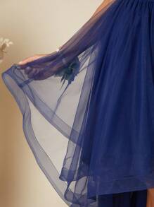 SHEIN Belle 低胸高低下摆网眼连衣裙半正式礼服优雅舞会婚礼宾客礼服，适合生日、毕业典礼、返校节派对礼服 - 藏蓝色 - 查看 6