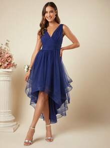 SHEIN Belle 低胸高低下摆网眼连衣裙半正式礼服优雅舞会婚礼宾客礼服，适合生日、毕业典礼、返校节派对礼服 - 藏蓝色 - 查看 8