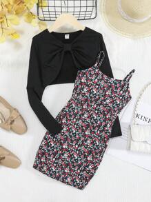 SHEIN Tween Girl Ditsy Floral Print Cami Dress & Super Crop Top