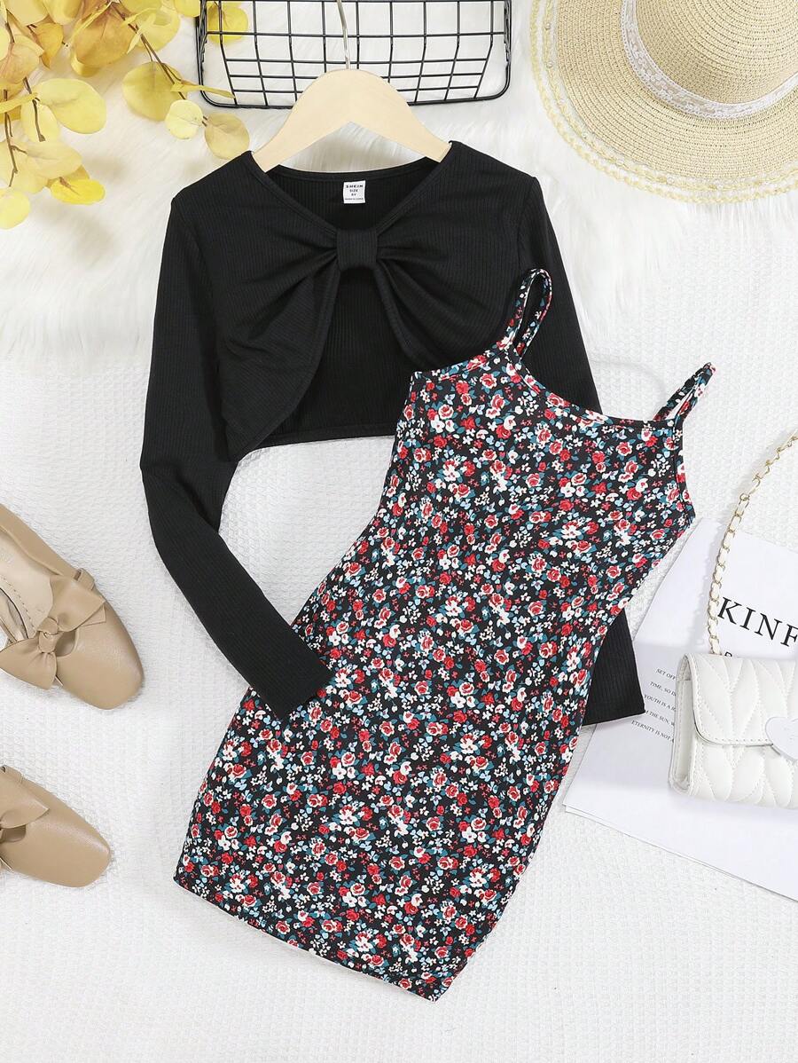 SHEIN Tween Girl Ditsy Floral Print Cami Dress & Super Crop Top