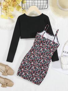 SHEIN Tween Girl Ditsy Floral Print Cami Dress & Super Crop Top