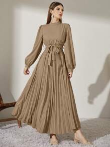 Modelyn 高领长灯笼袖褶边束带端庄连衣裙长款晚礼服