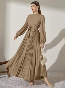 Modelyn 高领长灯笼袖褶边束带端庄连衣裙长款晚礼服