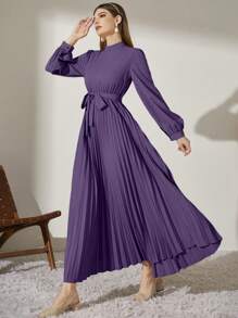 Modelyn 小高領燈籠袖腰帶百褶下擺連衣裙