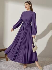 Modelyn 小高領燈籠袖腰帶百褶下擺連衣裙