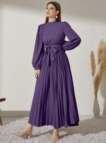 Modelyn 小高領燈籠袖腰帶百褶下擺連衣裙