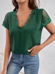 SHEIN Frenchy Áo cánh tay ngắn thanh lịch cổ chữ V phối ren màu trơn dành cho nữ - Màu xanh lá cây đậm - Xem 3