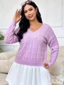 SHEIN EZwear Plus Pointelle Knit Drop Shoulder Sweater - Lilac Purple - View 6