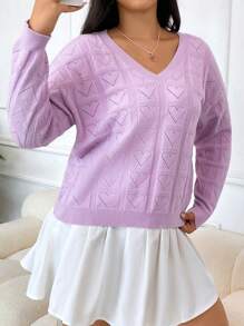 SHEIN EZwear Plus Pointelle Knit Drop Shoulder Sweater - Lilac Purple - View 3