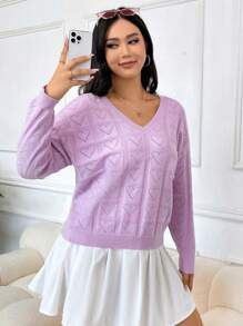 SHEIN EZwear Plus Pointelle Knit Drop Shoulder Sweater - Lilac Purple - View 4