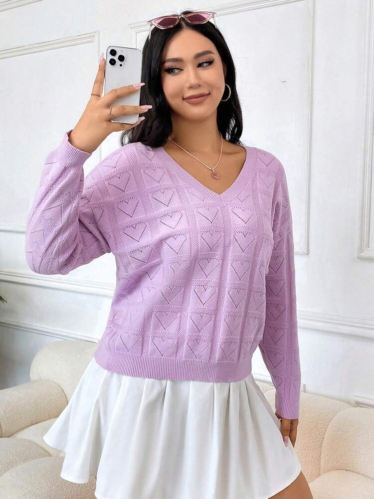 SHEIN EZwear Plus Pointelle Knit Drop Shoulder Sweater - Lilac Purple - View 4