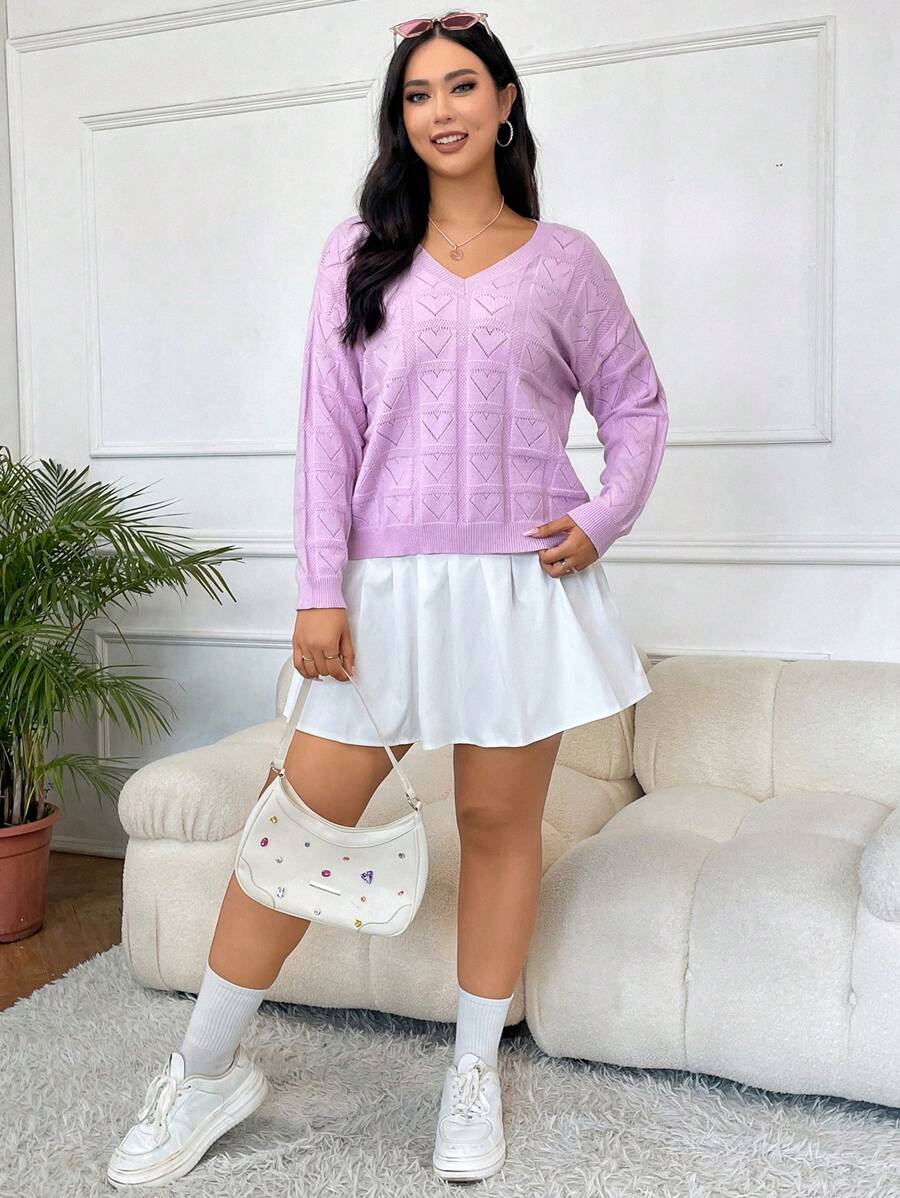 SHEIN EZwear Plus Pointelle Knit Drop Shoulder Sweater - Lilac Purple - View 1