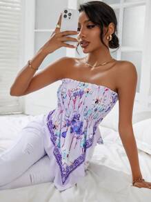 SHEIN VCAY Floral Print Hanky Hem Tube Top - Purple - View 5