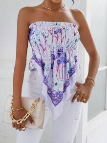 SHEIN VCAY Floral Print Hanky Hem Tube Top - Purple - View 4