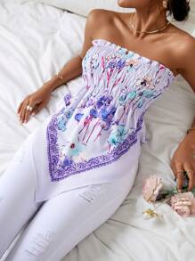 SHEIN VCAY Floral Print Hanky Hem Tube Top - Purple - View 1