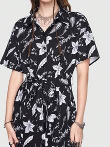 ROMWE Goth Allover Print Belted Shirt Dress - Black - View 2