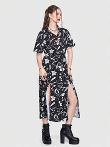 ROMWE Goth Allover Print Belted Shirt Dress - Black - View 4
