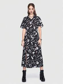ROMWE Goth Allover Print Belted Shirt Dress - Black - View 5