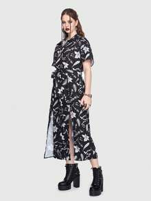 ROMWE Goth Allover Print Belted Shirt Dress - Black - View 6