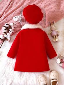 Baby Girl Double Breasted Borg Collar Bow Front Coat & Hat - Red - View 2
