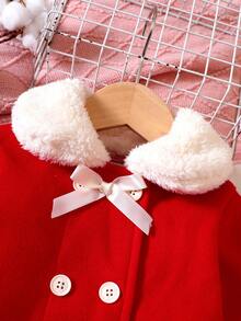 Baby Girl Double Breasted Borg Collar Bow Front Coat & Hat - Red - View 4