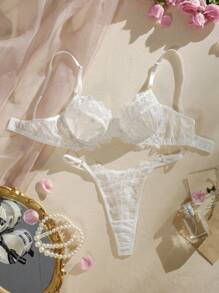 SHEIN Floral Lace Underwire Lingerie Set Bridallingerie - White - View 2