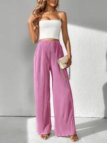 SHEIN Tall Pantalones de pierna ancha unicolor ribete en forma de lechuga - Rosa Fucsia - Ver 1