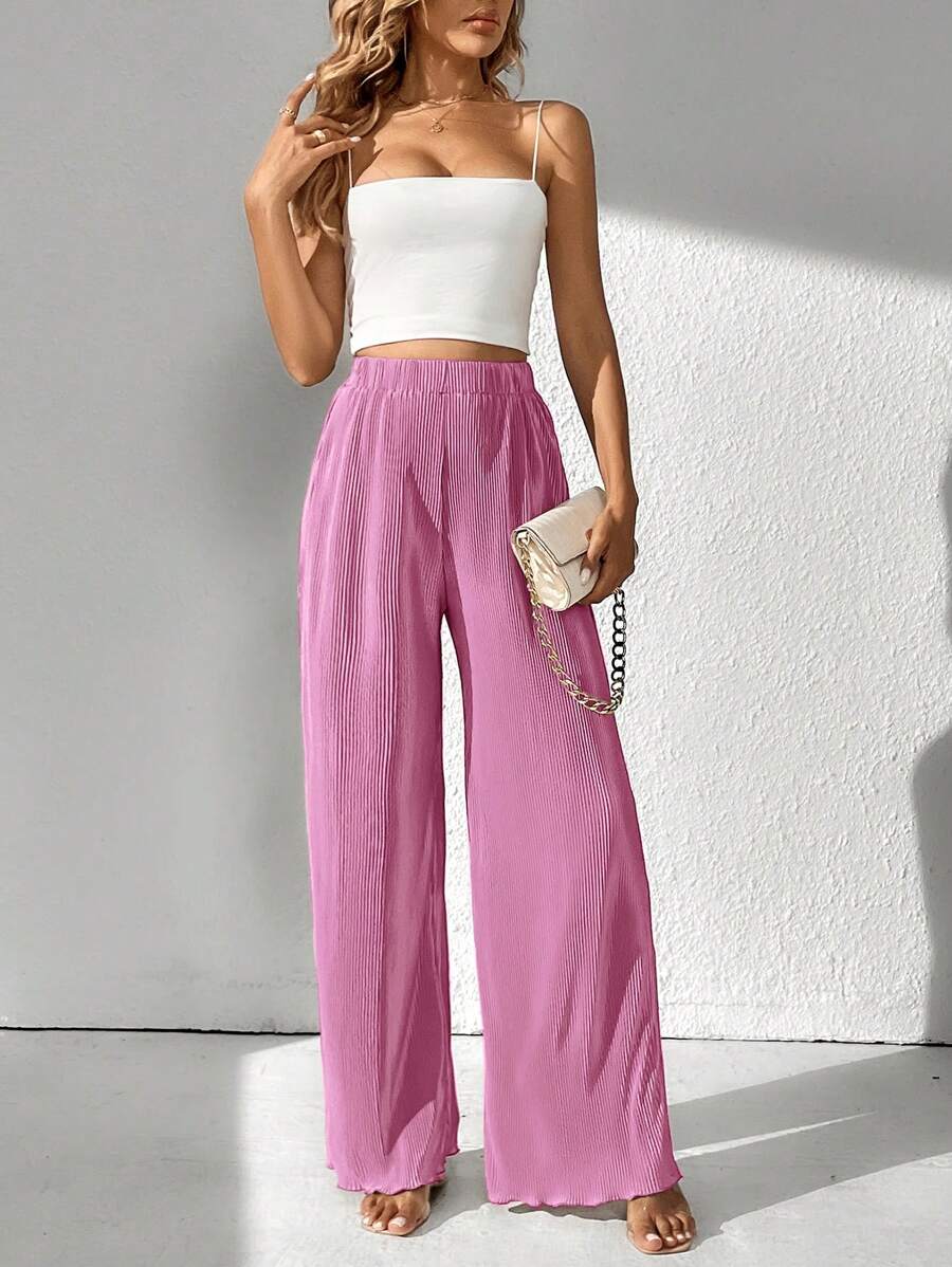 SHEIN Tall Pantalones de pierna ancha unicolor ribete en forma de lechuga - Rosa Fucsia - Ver 1
