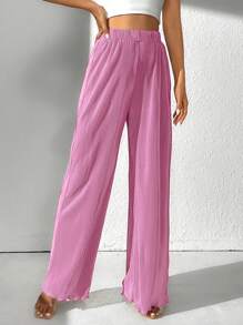 SHEIN Tall Pantalones de pierna ancha unicolor ribete en forma de lechuga - Rosa Fucsia - Ver 3