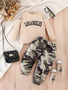 SHEIN Explorewe Baby Girl Letter Graphic Cold Shoulder Tee & Camo Print Pants Without Belt Bag - Multicolor - View 3