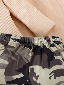 SHEIN Explorewe Baby Girl Letter Graphic Cold Shoulder Tee & Camo Print Pants Without Belt Bag - Multicolor - View 6